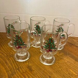 Vintage Sabin Luminarc Glass CHRISTMAS TREE Irish Coffee Mugs Footed Set of 5